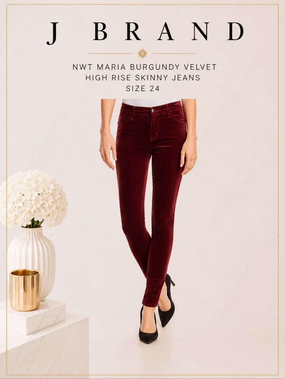 NWT J Brand Maria Burgundy Velvet High Rise Skinny Jeans Pants 24 🔥